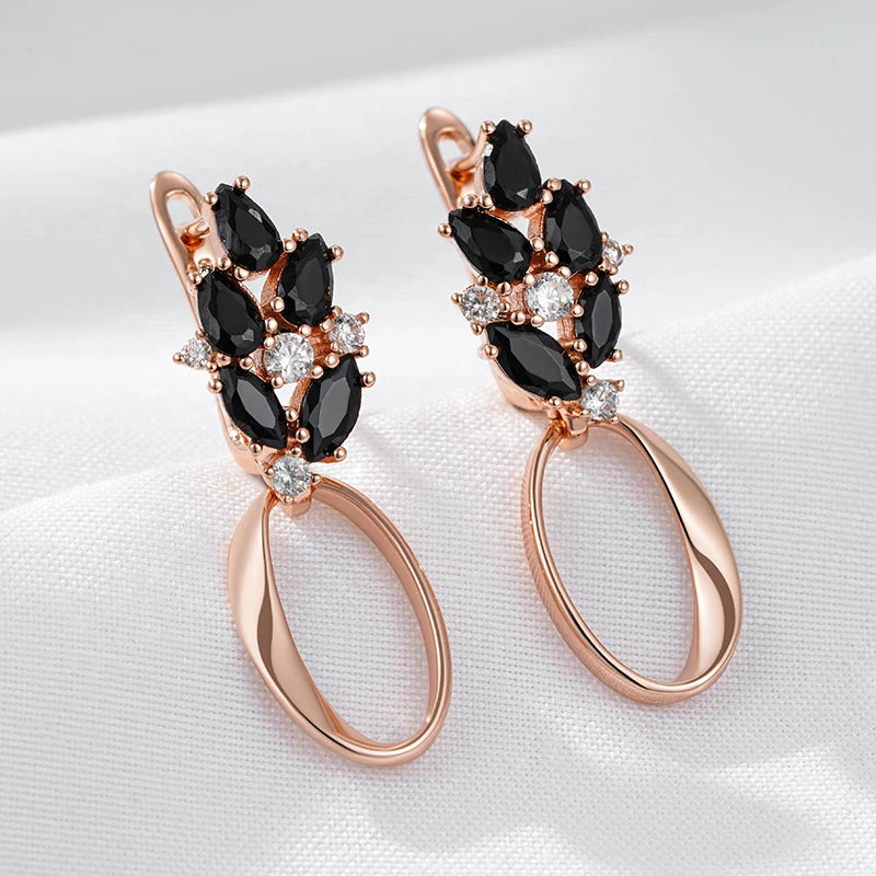 Women 585 Rose Gold Colour Glossy Black Natural Zircon Hollow Geometric Drop Earring