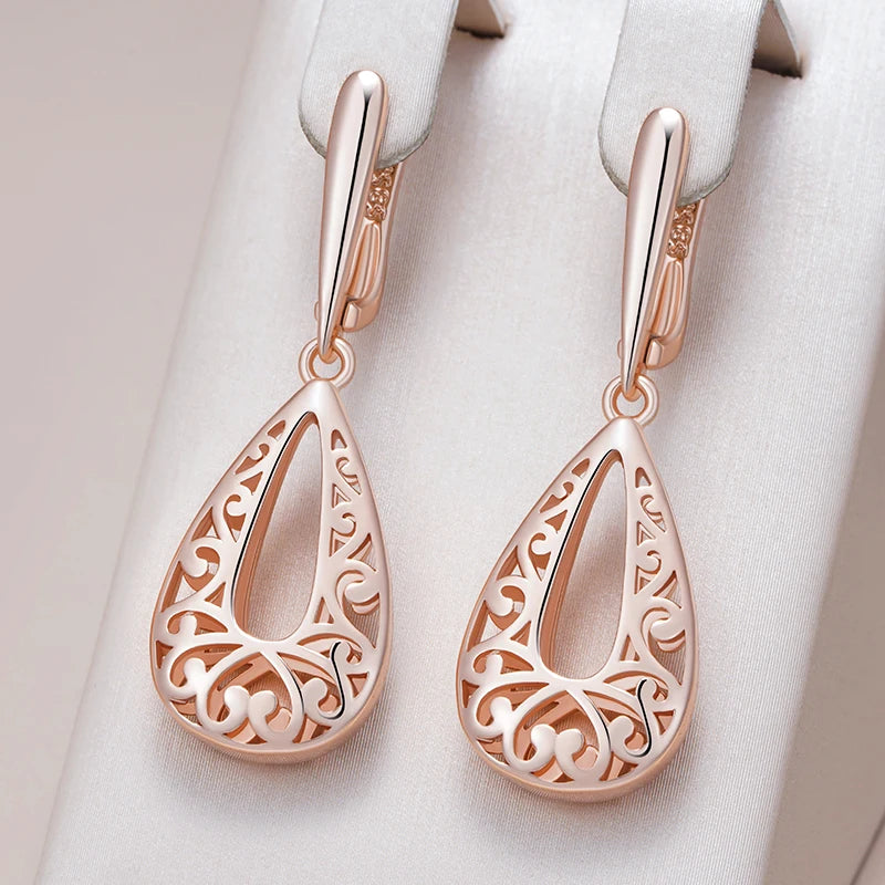 Glossy Rose Gold Dangle Earrings - Elegant Flower Design for Daily Wear