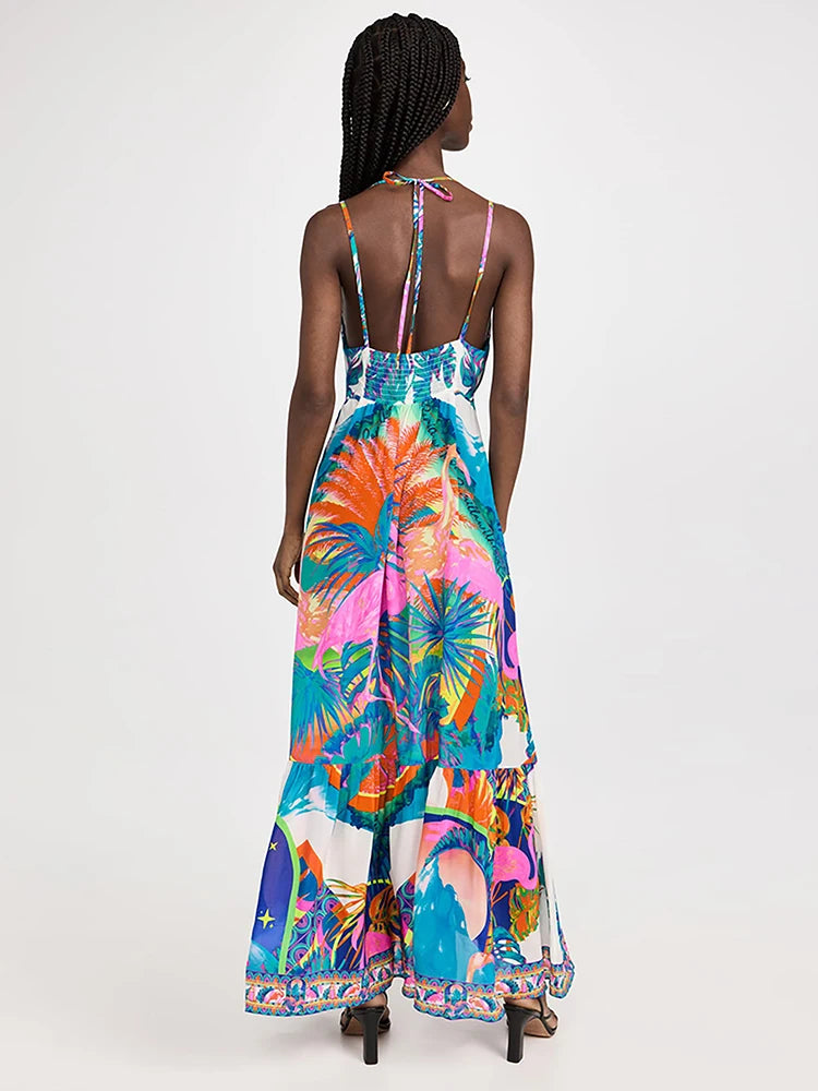 Women's Halter Printed Swimwear Loose Dress Backless Bikini Cover Up