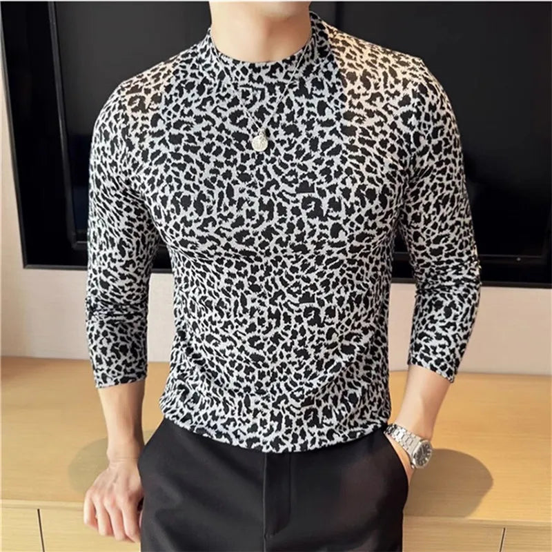 Men's Leopard Print Slim Fit Long Sleeve Mock Neck  Elastic T-shirt