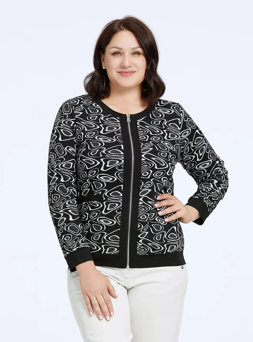 Women's Round Neck Print Windbreaker Zipper Jacket