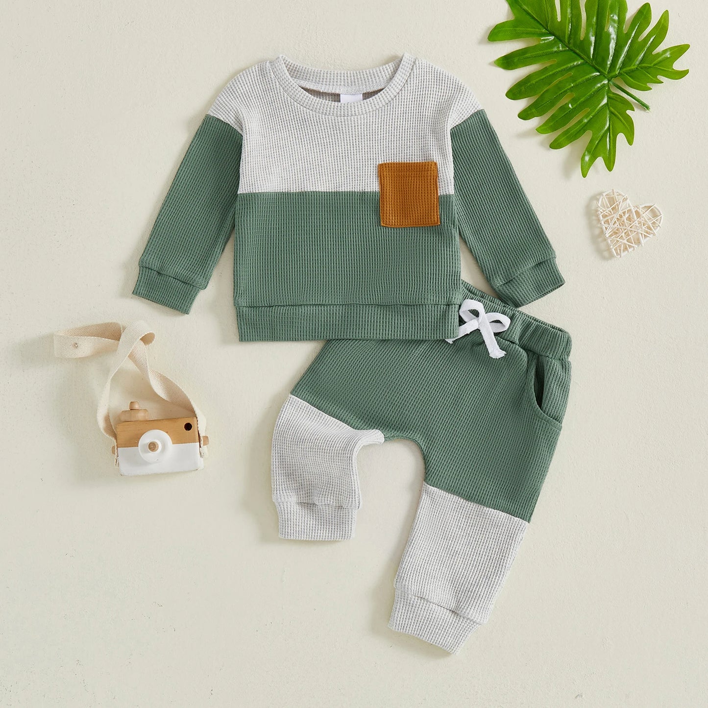 Casual Baby Boys Clothes Set - Long Sleeve Waffle Top & Elastic Waist Pants (0-3Y)