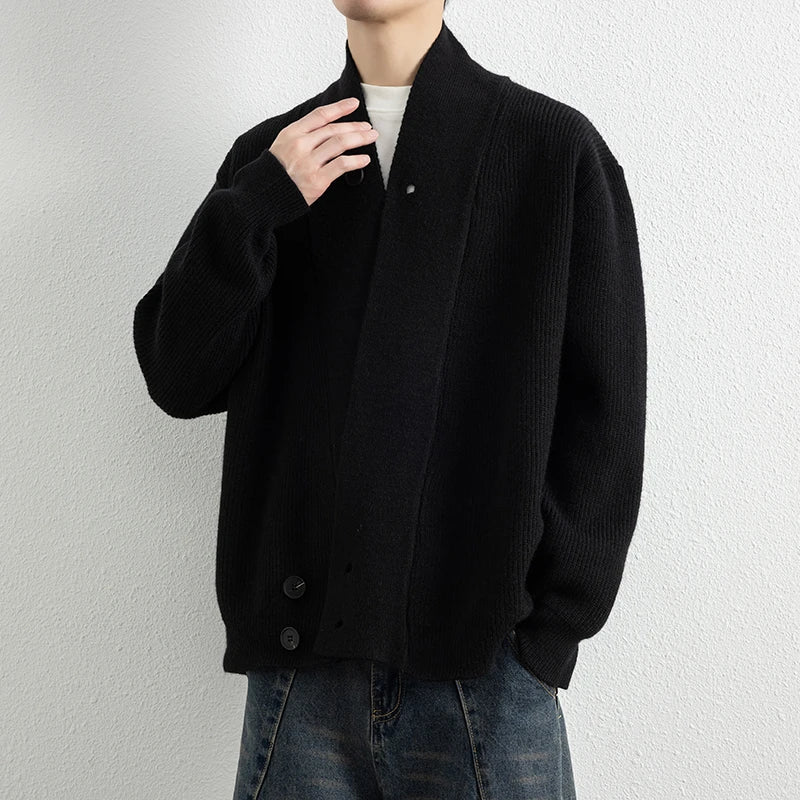 Men's V-Neck Knit Cardigan - Loose Fit Solid Colour Sweatercoat for Spring Autumn