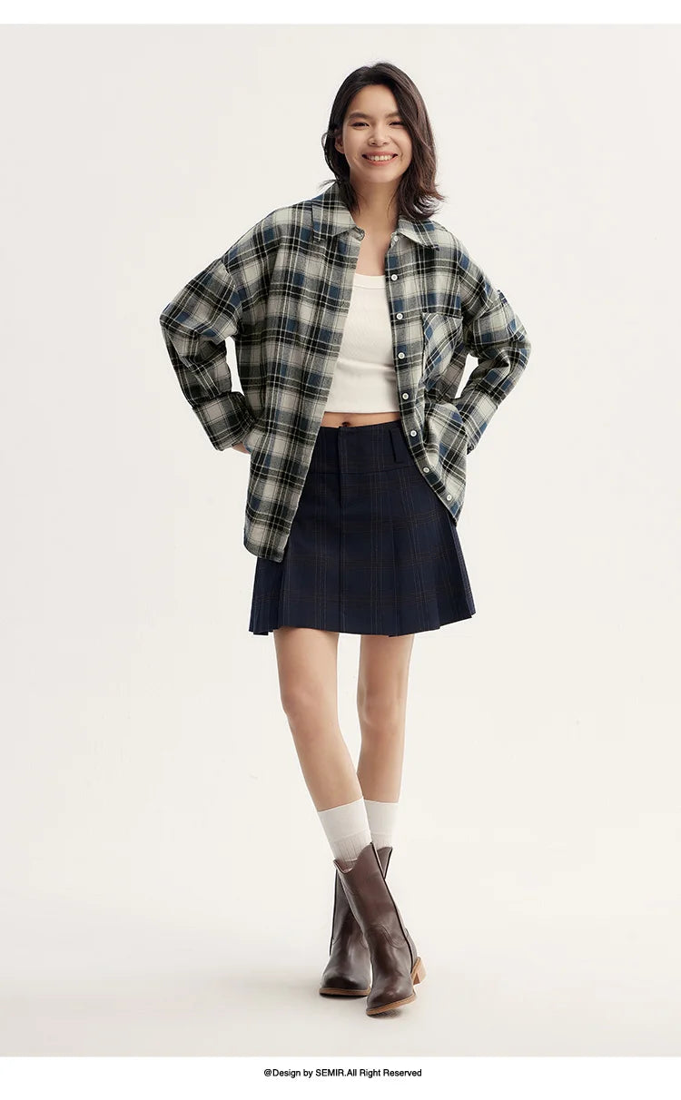 Oversized Drop Shoulder Plaid Shirt Loose Retro Casual Stylish Top