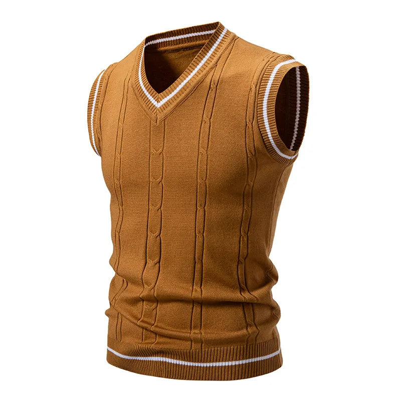 Men's V-Neck Knit Vest - Slim Fit Sleeveless Patchwork Sweater Vest for Autumn Winter