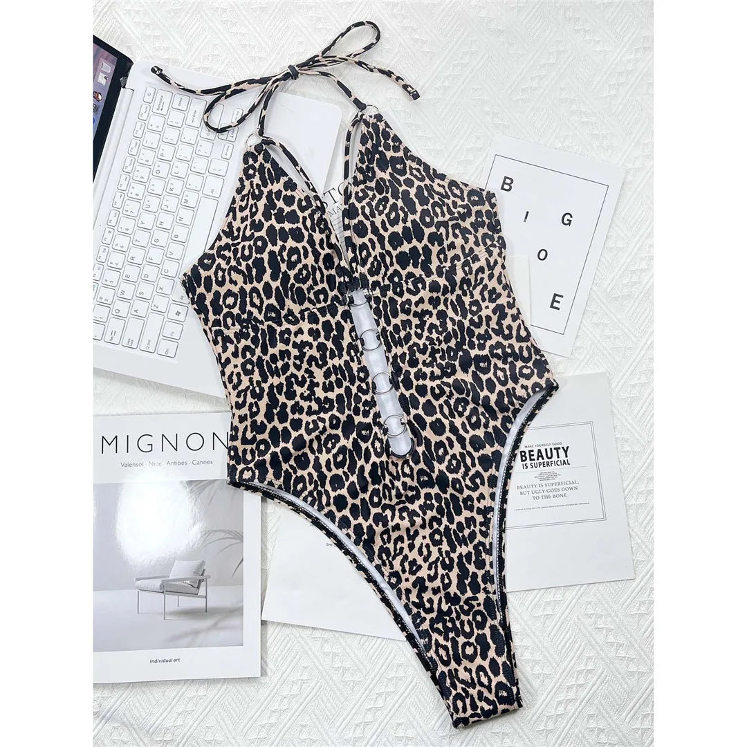 Leopard Metal Rings Halter Cut Out Monokini