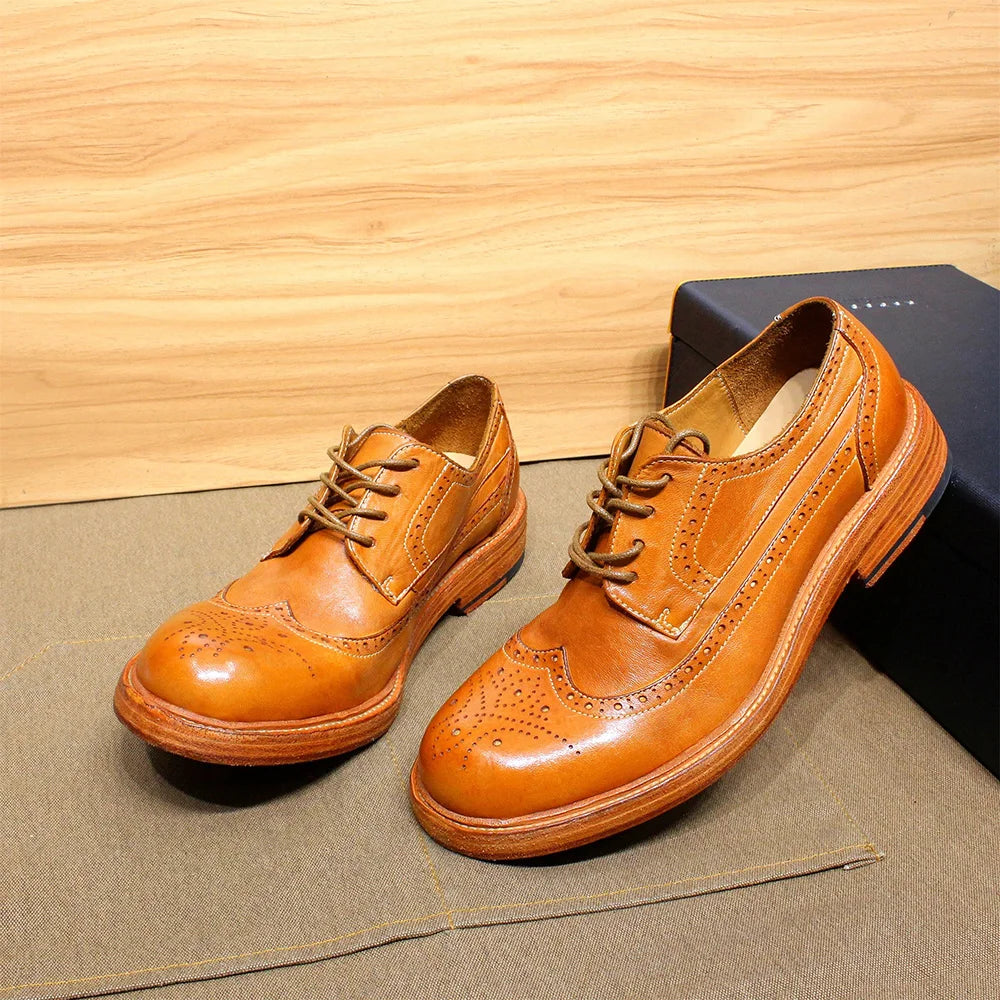 Handmade Stitched Derby Dress Shoes - Soft Calfskin Leather Wingtip Brogue