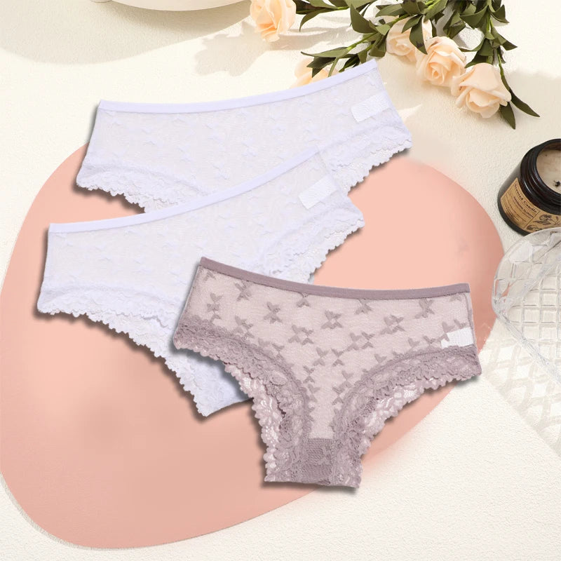 Women's Lace Underwear 3-Piece Set - Floral Hollow Out Briefs