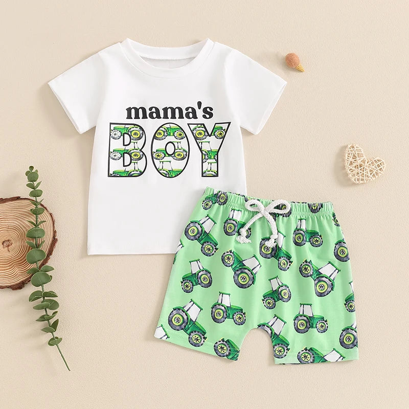 0-3Y Summer Casual Baby Boys Clothes Set 2pcs Short Sleeve Letters Print T-shirt with Tractor Shorts Outfit