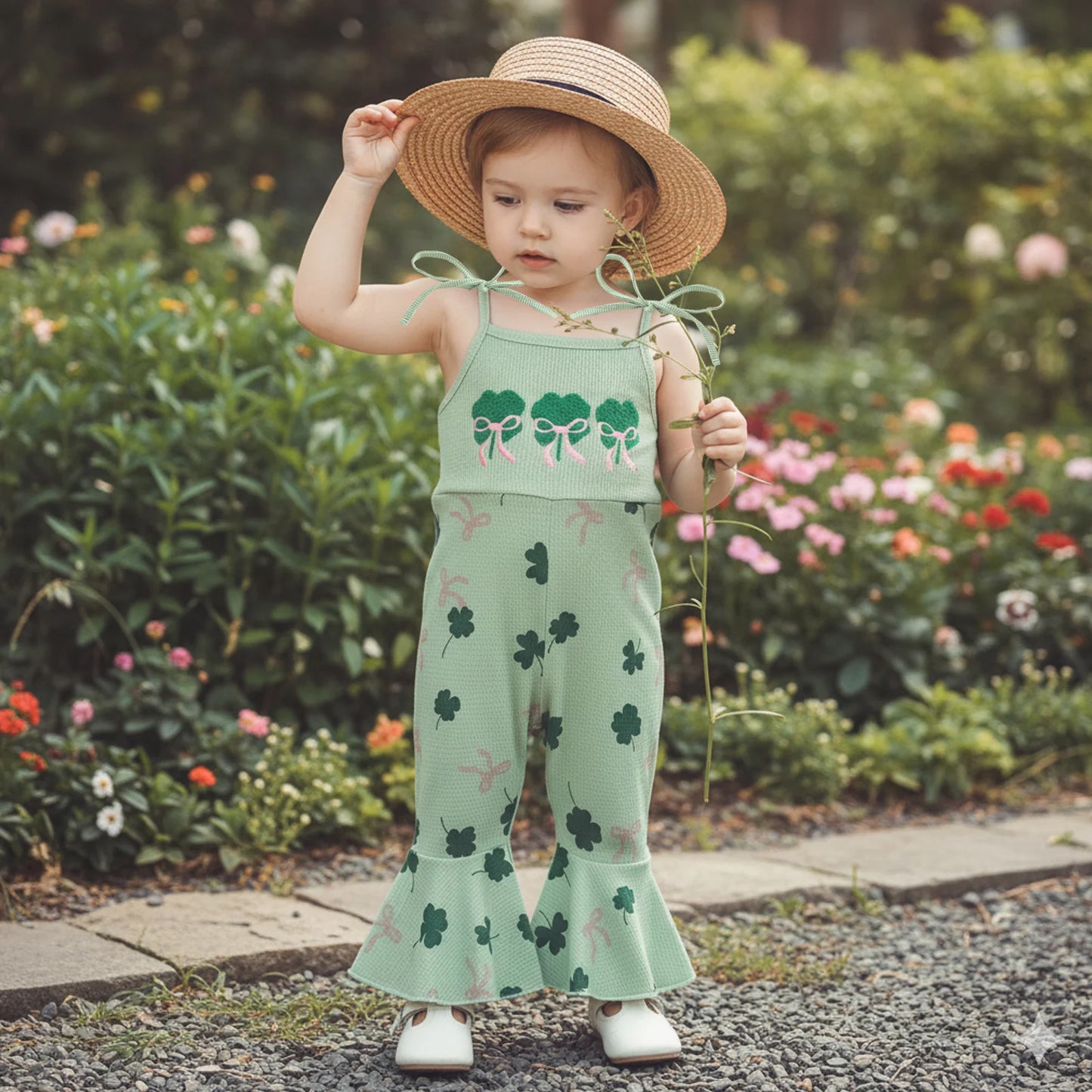 Toddler Kids Irish Flare Pants Overalls - Four-Leaf Clover Bell Bottom Jumpsuit 0-4Y