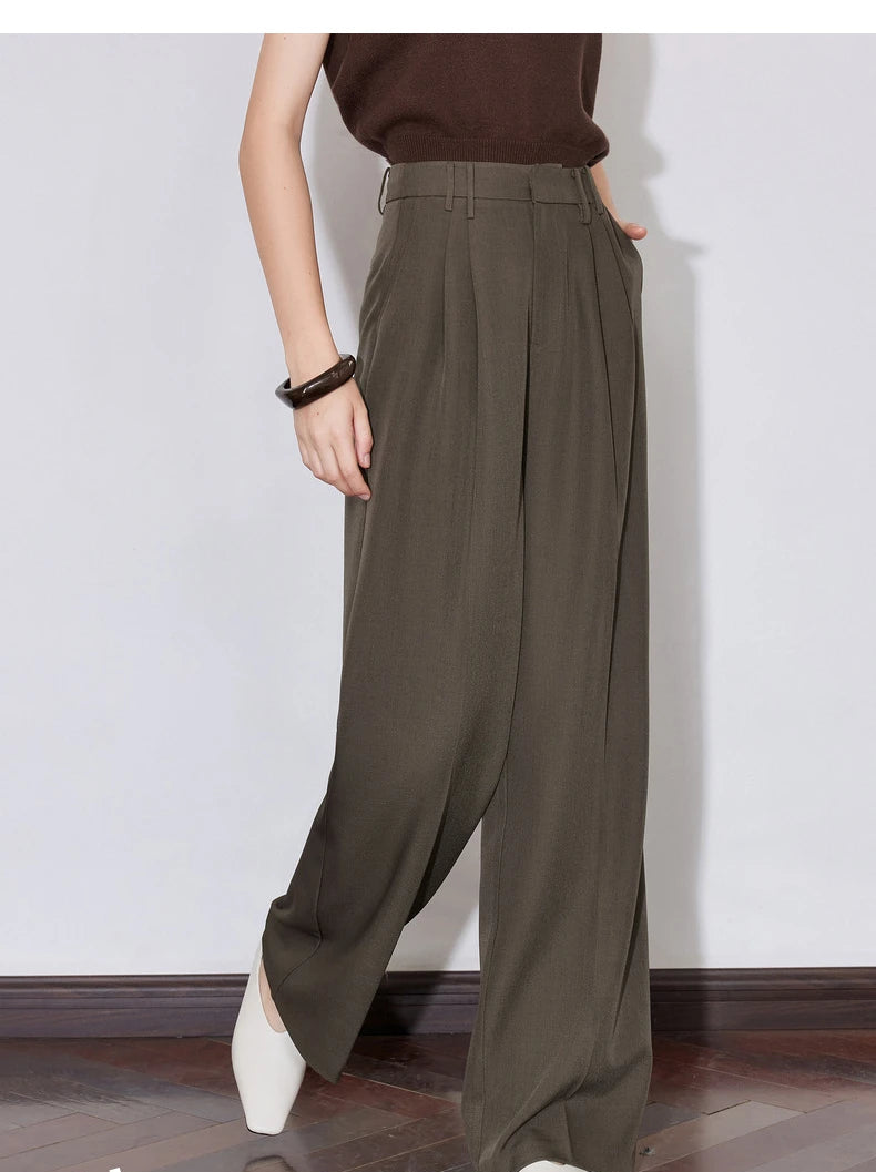Women's High Waist Straight Leg Suit Trousers with Pockets | Brown