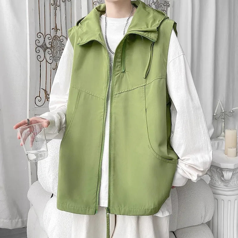 Hooded Cargo Vest - Multi-Pocket Sleeveless Jacket