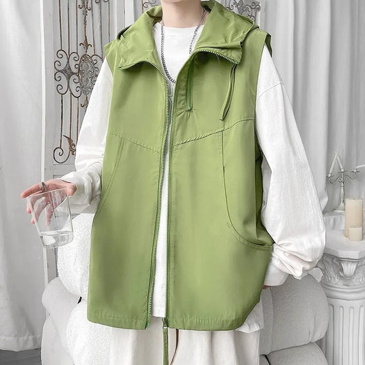 Hooded Cargo Vest - Multi-Pocket Sleeveless Jacket
