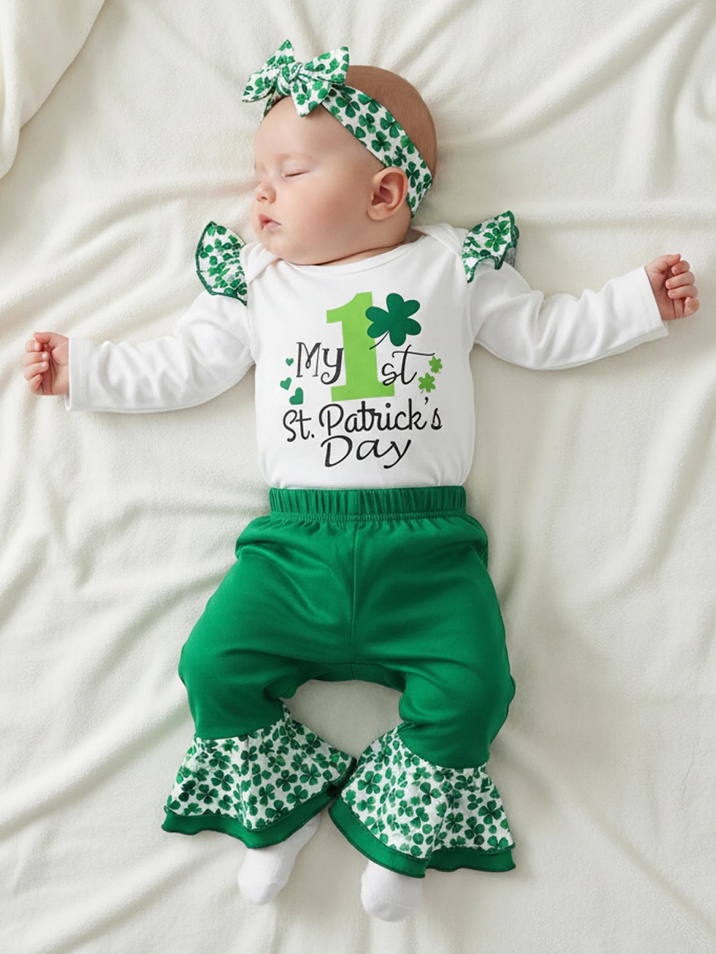 Baby Girls Boys Clover Print Outfit Set - Long Sleeve Romper with Flare Pants & Headband 0-18M
