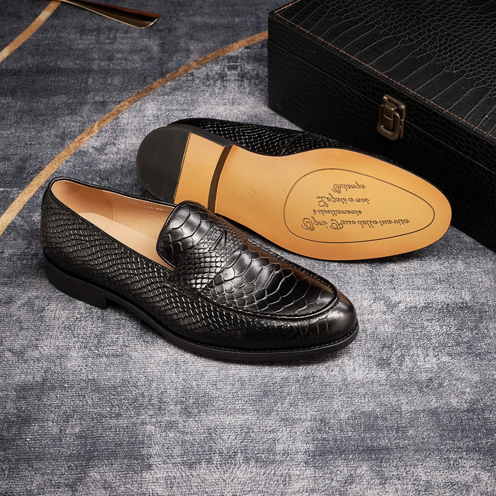 Men's Genuine Leather Snake Pattern Loafers – Pointed Slip-On Dress Shoes