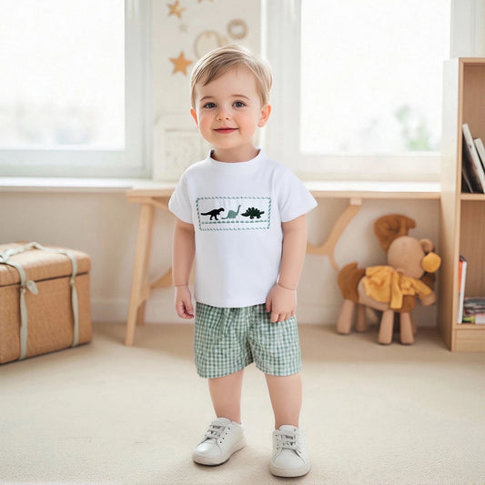 Dinosaur Embroidered T-Shirt & Plaid Shorts Set - Toddler Boys (0-4Y)
