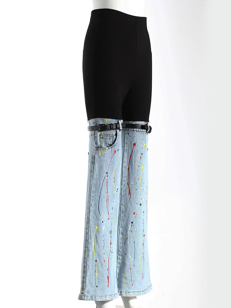 Women's Hit Colour Temperament Spliced Belt Denim Trousers