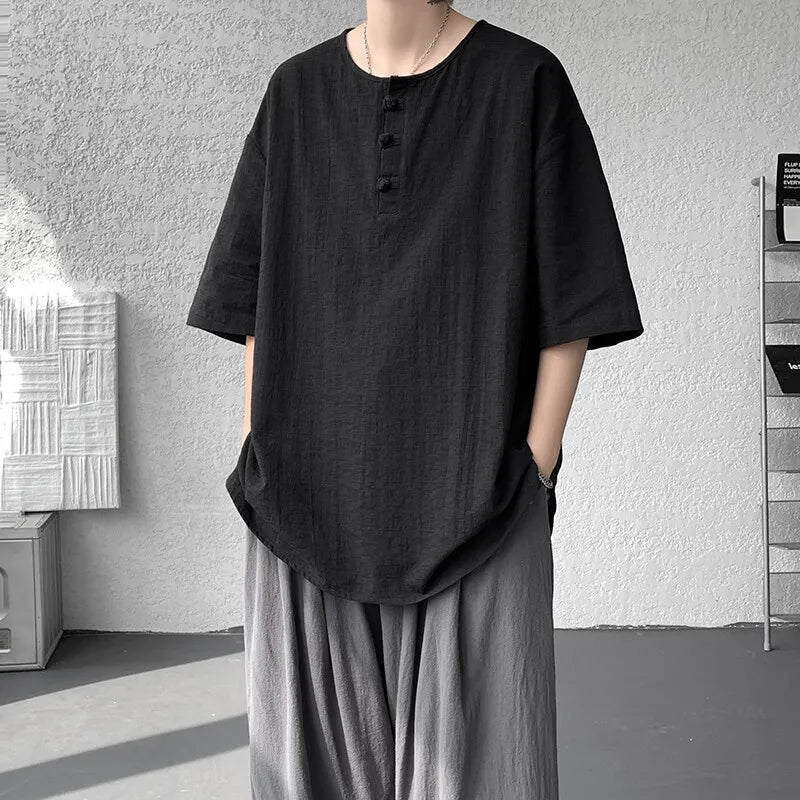 Men's Summer Cotton Linen Half Sleeve Breathable Round-Neck Loose Casual T-shirt