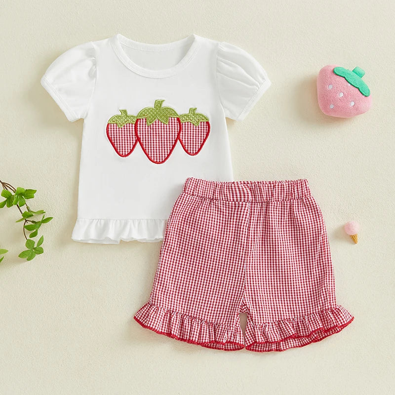 Toddler Baby Girls Clothes Set 0-3Y Strawberry Fruit Embroidery Short Sleeve Ruffle T Shirt and  Plaid Ruffle Shorts
