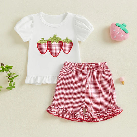 Toddler Baby Girls Clothes Set 0-3Y Strawberry Fruit Embroidery Short Sleeve Ruffle T Shirt and  Plaid Ruffle Shorts