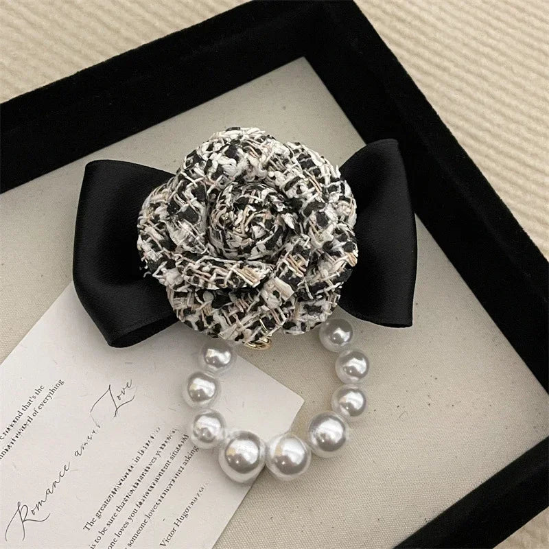 Retro Fabric Camellia Flower Brooch - Bow Crystal Pearl Tassel Lapel Pin