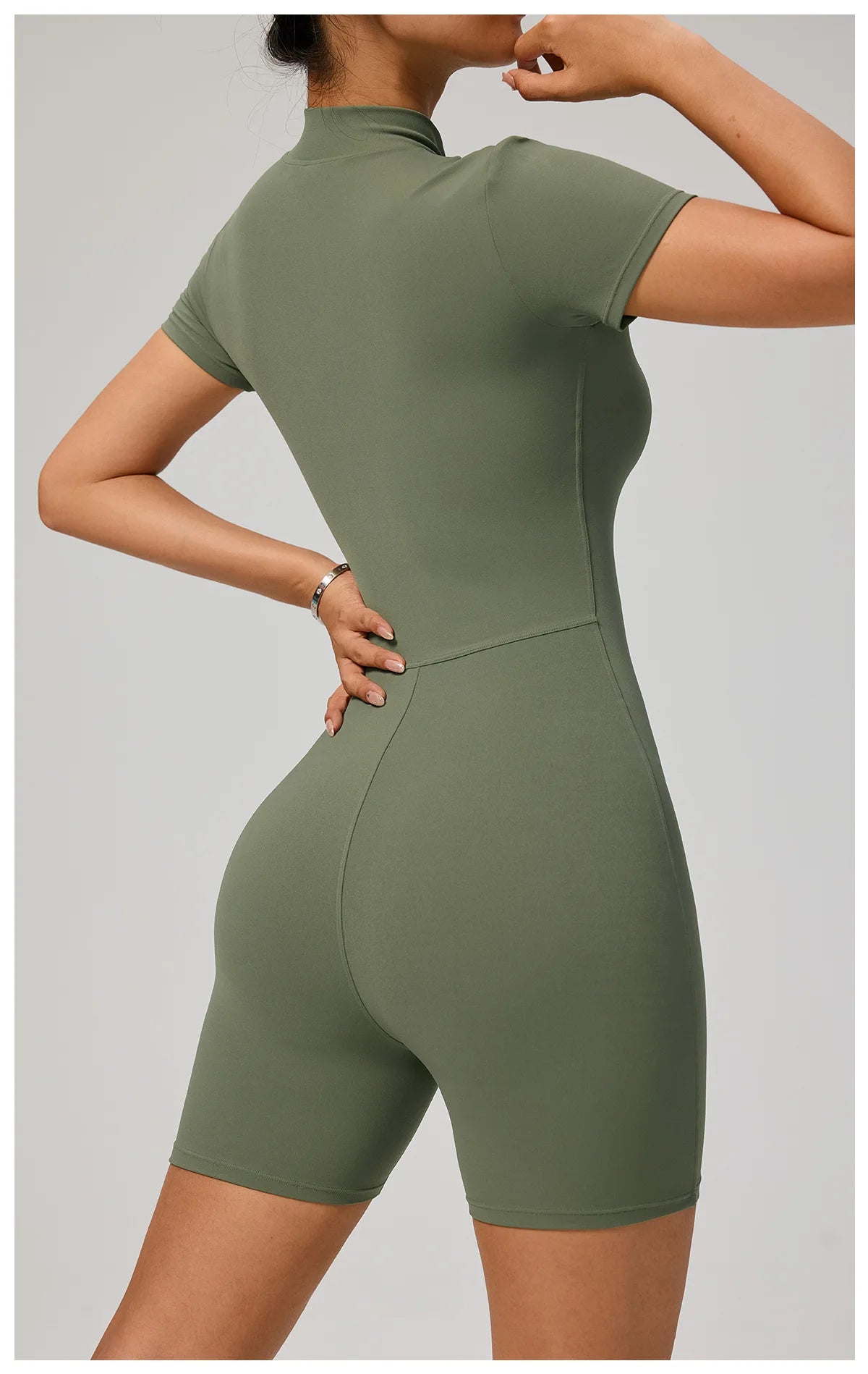 Zipper Front Jumpsuit - Short Sleeve Nylon Workout Set for Gym & Yoga