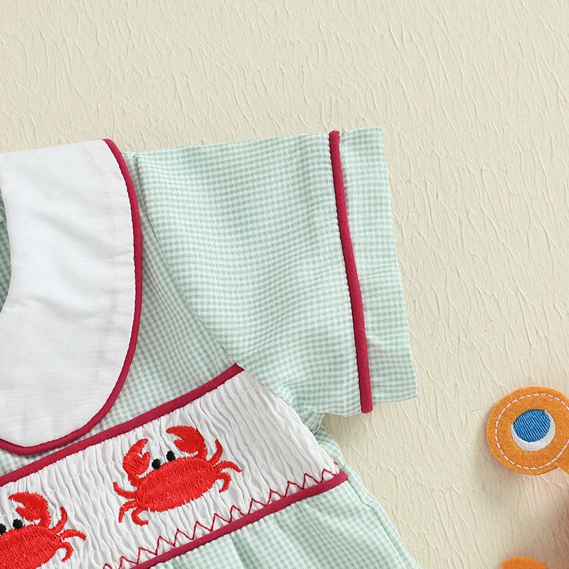 Baby Boys Girls Summer Romper - Crab Embroidery Doll Collar Jumpsuit (0-18M)