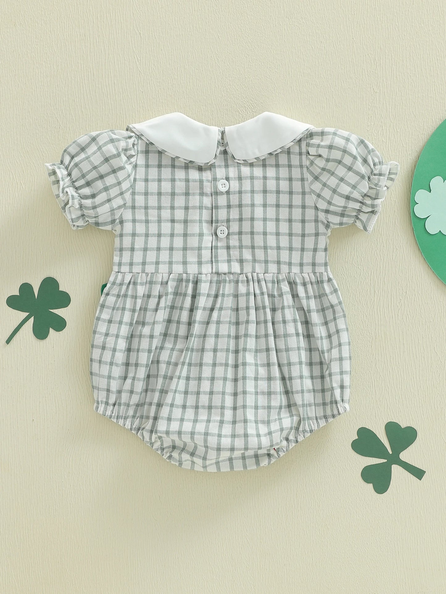 Newborn Baby Girls Boys Irish Plaid Clover Embroidered Short Sleeve Doll Collar Romper