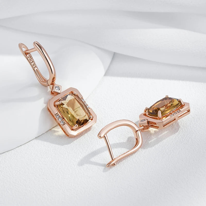 Women's Square 585 Rose Gold Colour Light Brown Natural Zircon Drop Earrings