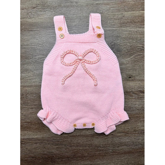 Baby Ruffle Trim Bow Embroidery Sleeveless Knit Romper | Unisex Spring Jumpsuit | Pink & Beige | 3M–24M