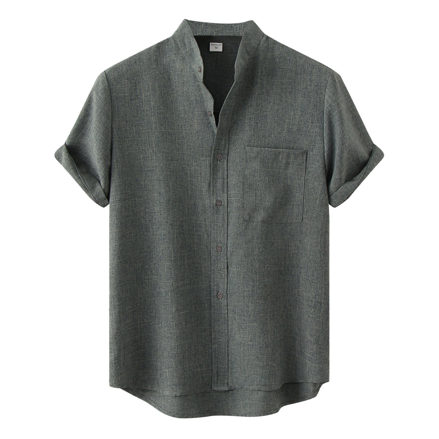 Men's Cotton Linen Short Sleeved Breathable  Stand Collar Single Breasted Shirt