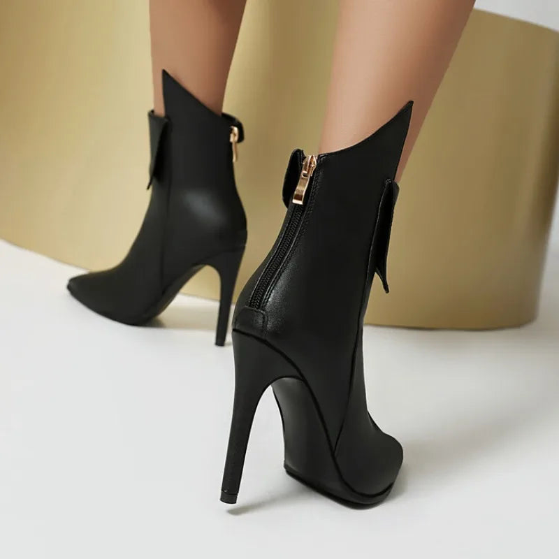 Women's Irregular Design Leather 10cm High-heeled Pointed Back Zipper Short Plush Ankle Boots