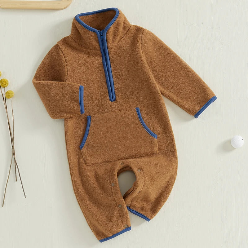 0-12M Baby Boys Fleece Romper Long Sleeve Stand Collar Pockets Plush Overalls Jumpsuits with Zipper