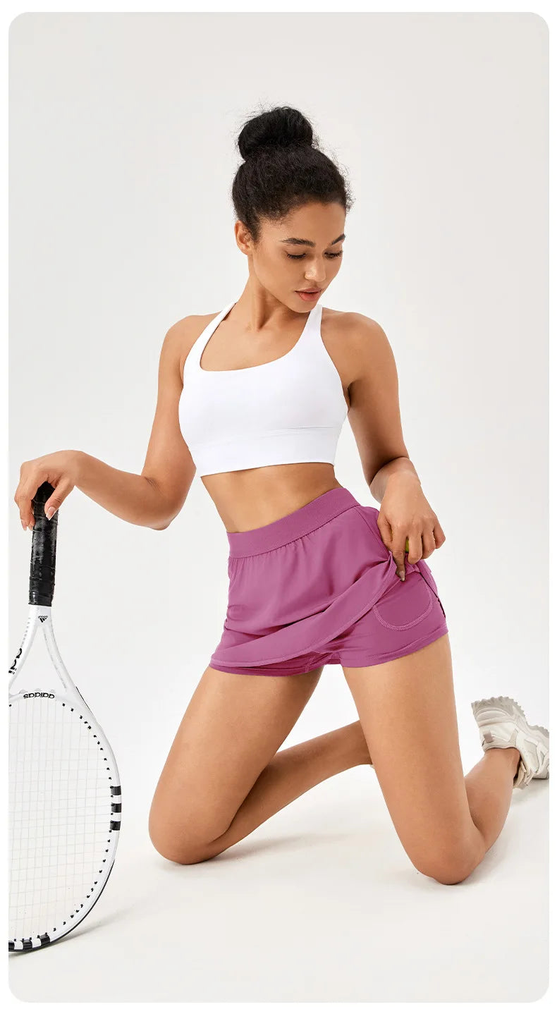 Women's Tennis Skirt Solid Color 2 In 1 Running Skirt Breathable Quick Dry Gym Yoga Short Workout Sportswear