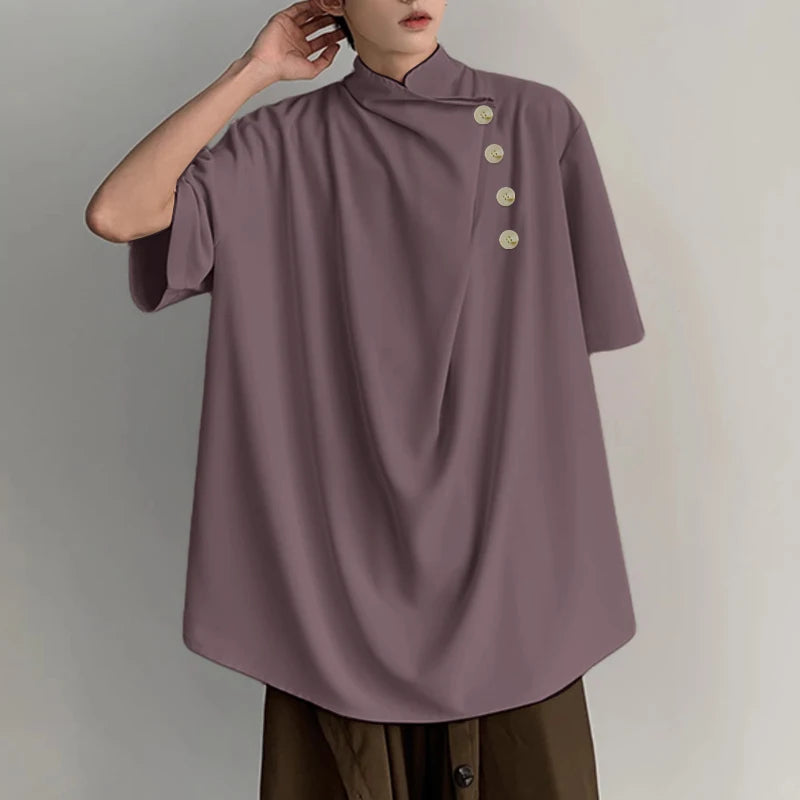 Men Irregular Solid Colour Stand Collar Short Sleeve Loose Casual Shirt