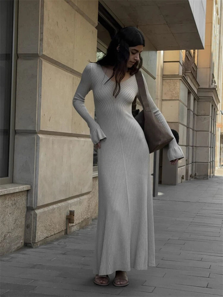 Women's Ribbed Knitted Maxi Dress Outfits Basic Casual Vintage Long Sleeve V Neck Dresses Clothes