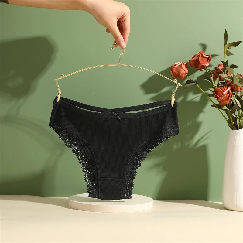 3PCS Women Cotton Underwear Panties Lace Briefs Low-Waist Cross Belt Hollow Out Cozy Lingerie