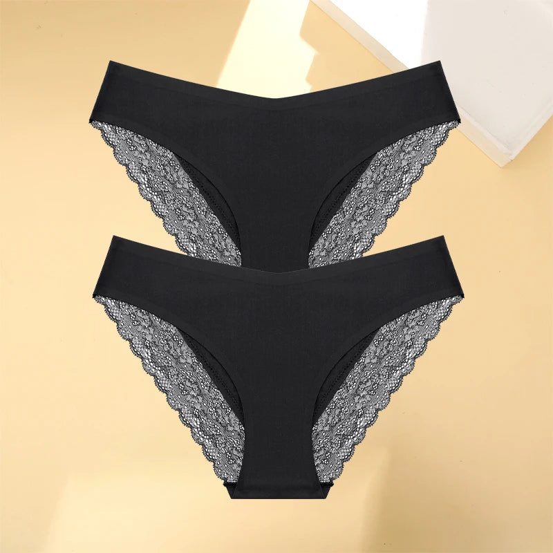 Women's 2Pcs Seamless Stretch Underwear Lace Floral Panties Recycled Materials Breathable Briefs Low Waist Comfort Lingerie