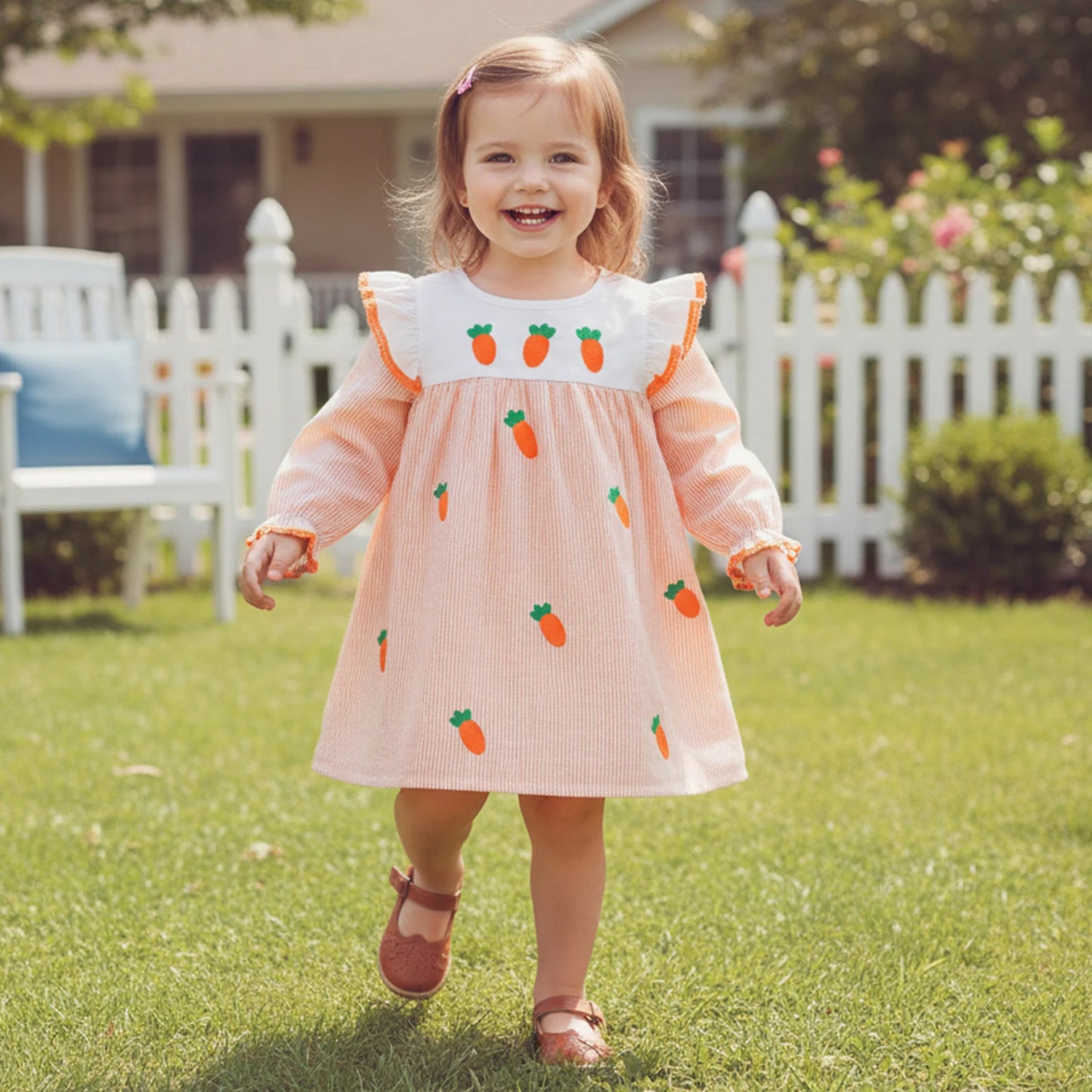 Striped Carrot Embroidered Easter Dress - Girls Long Sleeve A-Line Dress