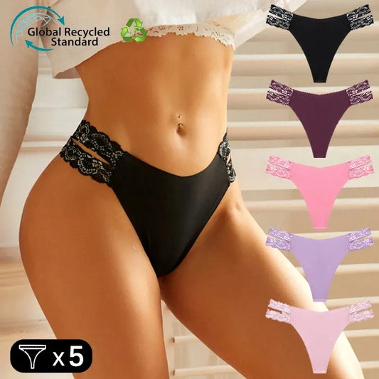 Women's 5pcs Contrast Lace Thongs Hollow Out Seamless Stretchy Intimates Panties G Strings Bikini Lingerie