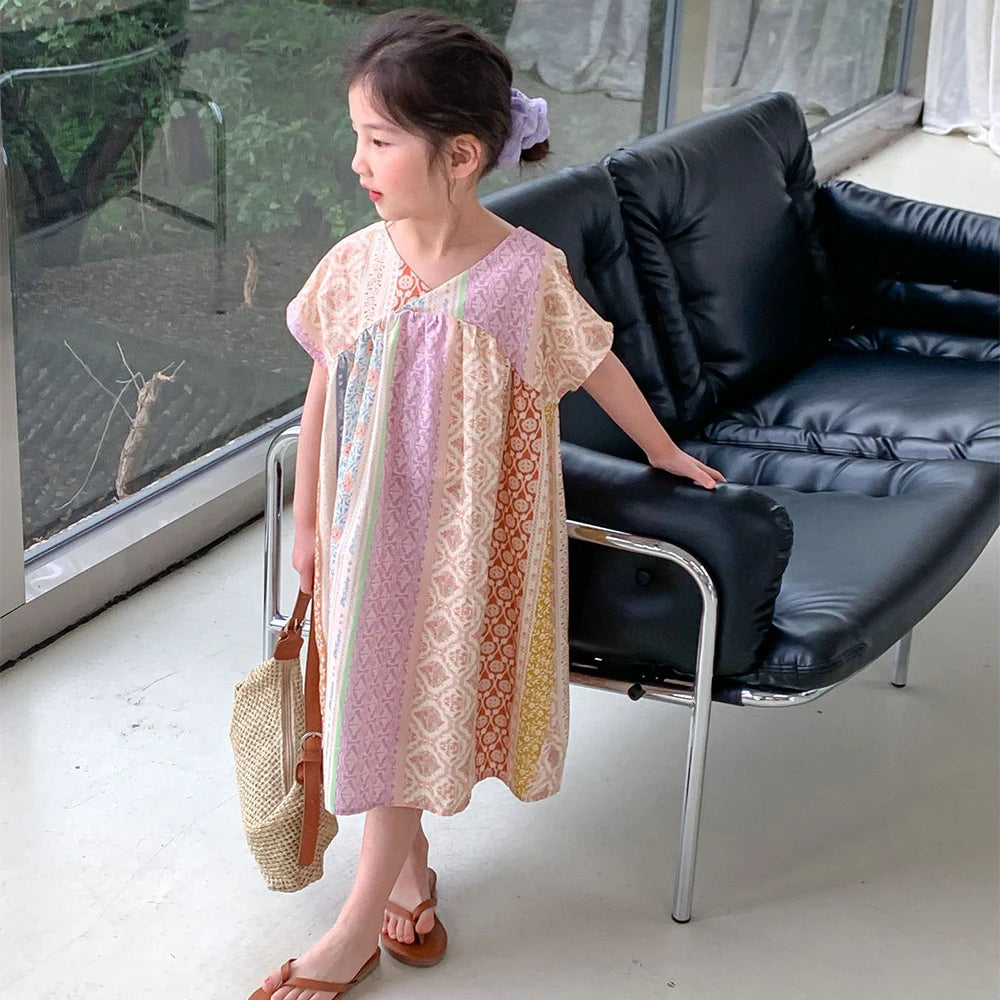 Girl's Summer V-neck Geometric Pattern Printed  Beach Casual Dress