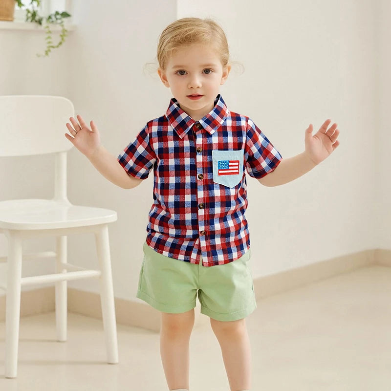 0-5Y American Flag Kids Boys Shirts Short Sleeve Plaid Print Button Down Shirts Toddler Summer Top