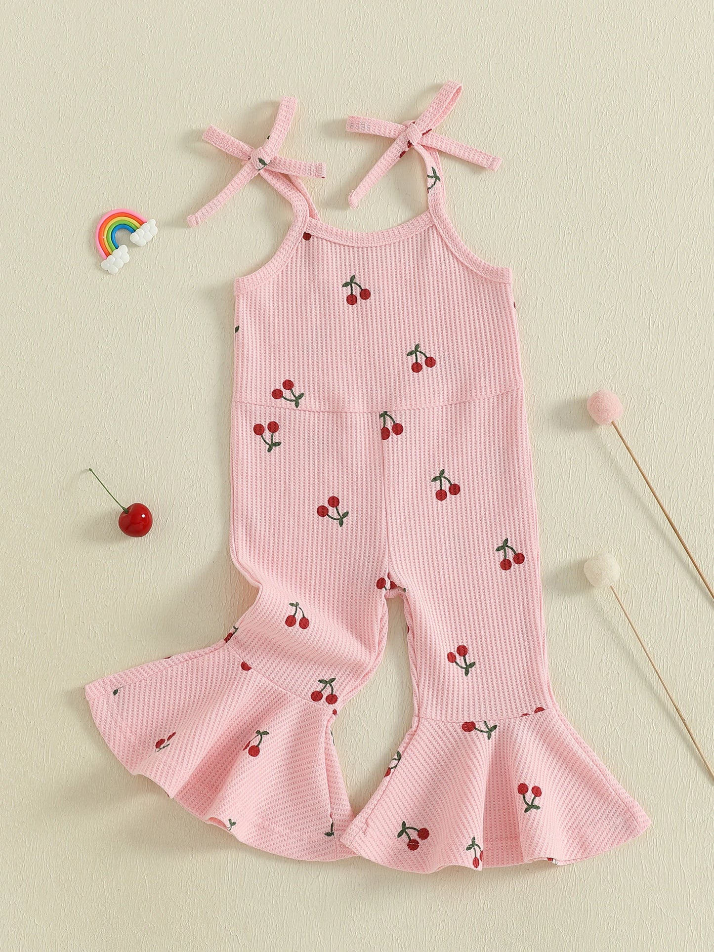 0-5Y Kids Girls Summer Jumpsuit Tie-up Spaghetti Straps Cherry Print Flare Romper Pants