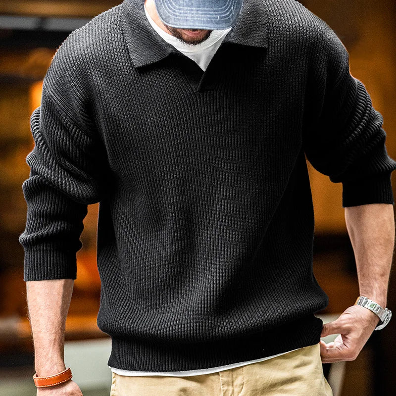 Men's Retro Polo Neck Knit Sweater - Vertical Woven Pullover