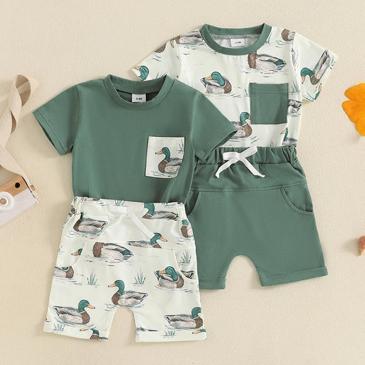 Baby Boys Duck Print Outfit Set - Patchwork T-Shirt with Elastic Waist Shorts