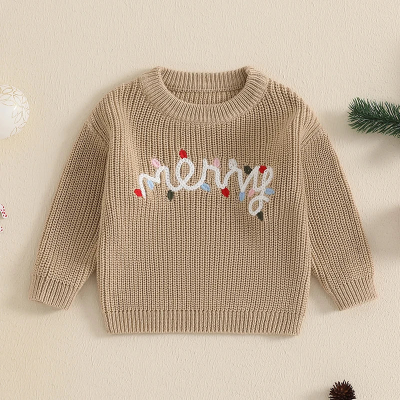 Baby Boys Girls Christmas Sweater 0-3Y Letter Light String Embroidery Long Sleeve Knitwear Top