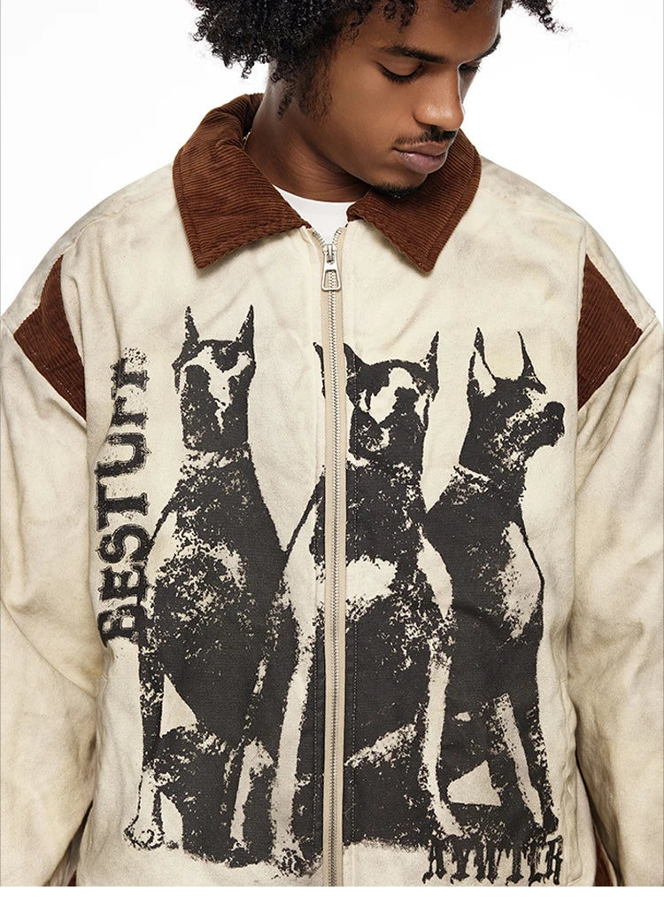 Men's Dog Head Graffiti Print Lapel Jacket Distressed Winter Jacket