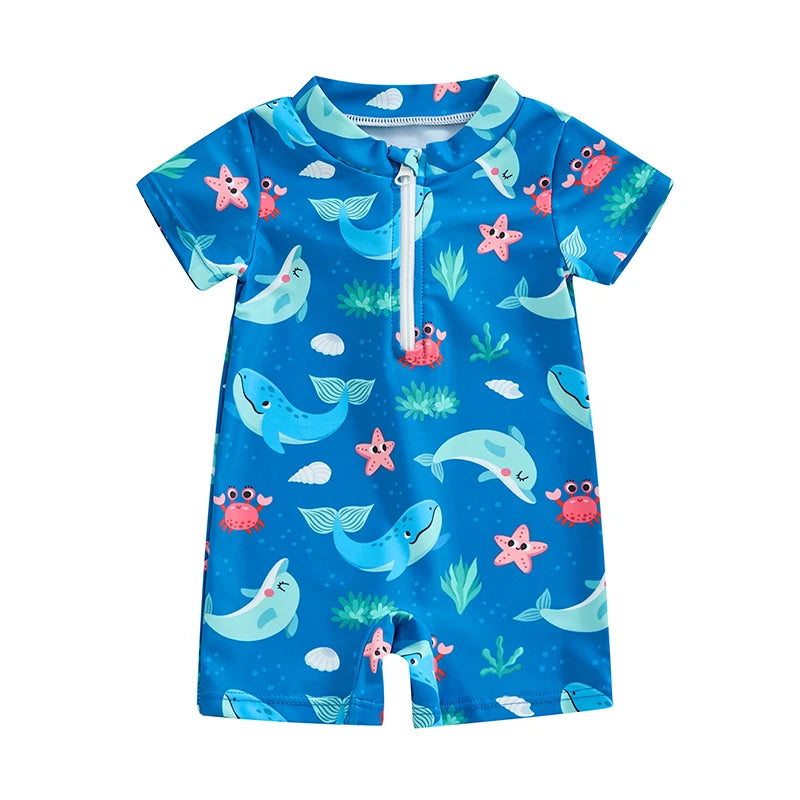 Baby Boys Beachwear 0-3Y Short Sleeve Turtle Dolphin Print Swimsuit Jumpsuit Summer Swimwear