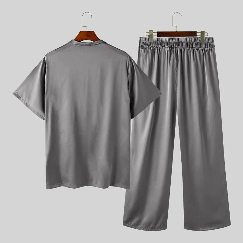 Men Summer Solid Colour Satin Lapel Short Sleeve Shirt & Trousers Two Pieces Set