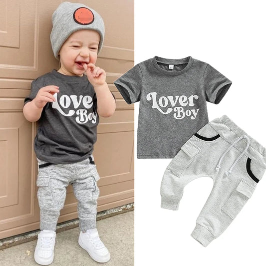 Valentine's Day Baby Boys Summer Outfit Set - Letter Print Grey T-Shirt & Pocket Pants (0-4Y)